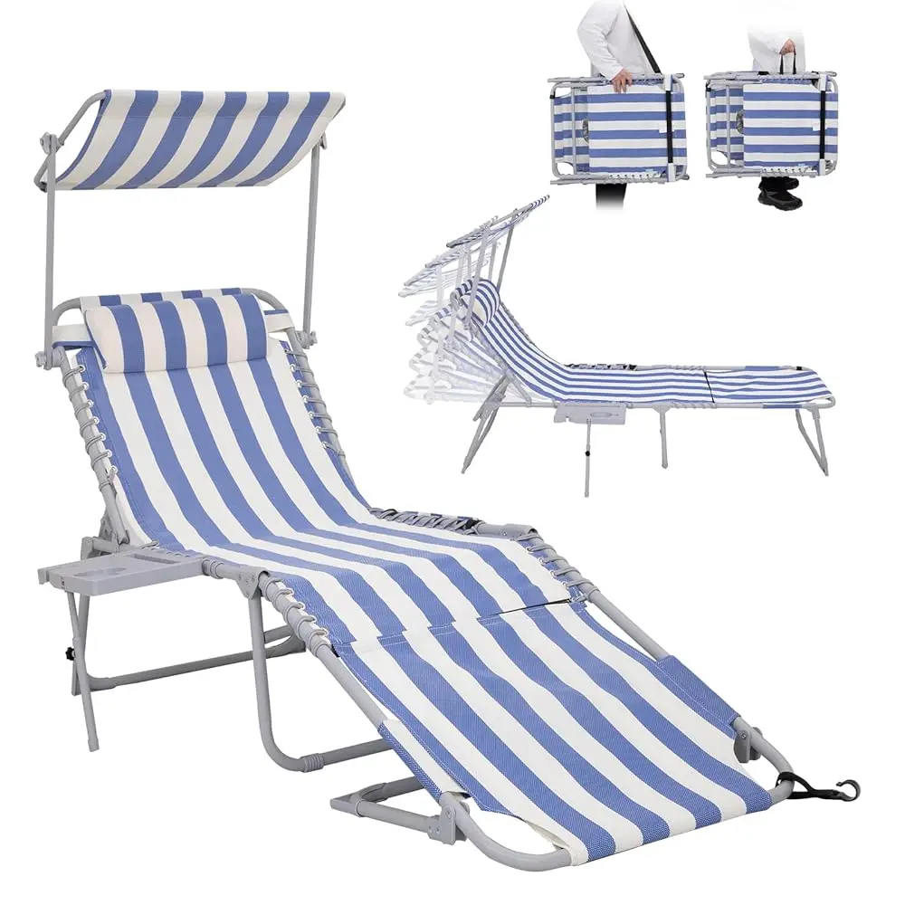 

4 In 1 Tanning Chair With Face Hole & Canopy & Side Table, 5 Positions Adjustable Folding Waterproof Facedown Chaise Lounge