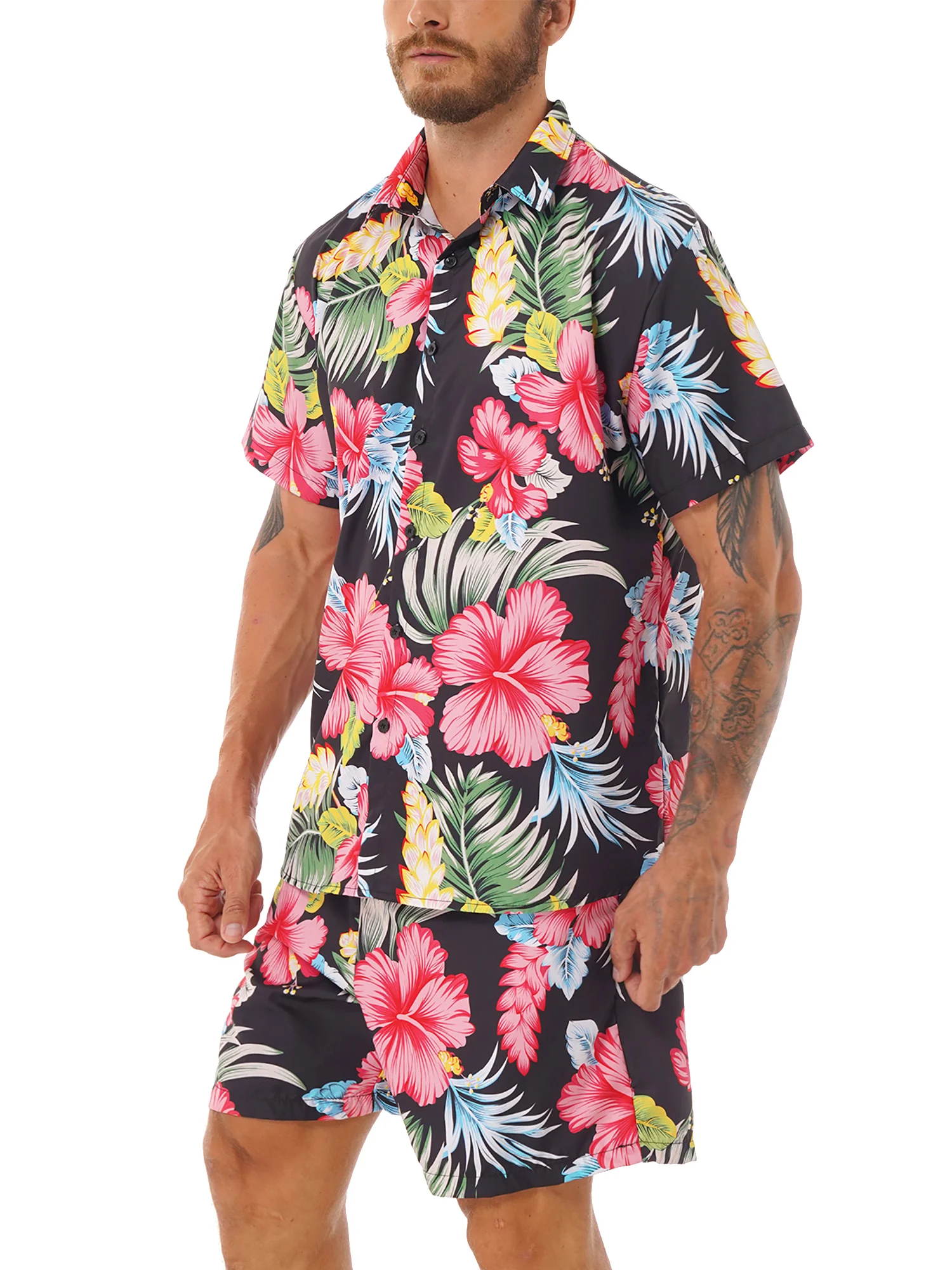 

Men's Hawaiian Beach Outfits Plant Print Shirts Shorts Males Loose Short Sleeve Tops Casual Summer Holiday Vacation Suit L-4XL