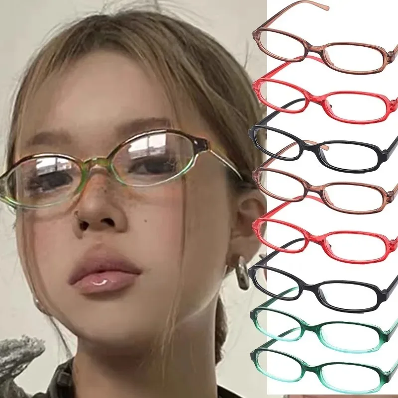 Y2K Round Frame Eyeglasses Girls Retro Square-frame Glasses Women Vintage Narrow Framed Temperament Spectacle Red Green Eyewear