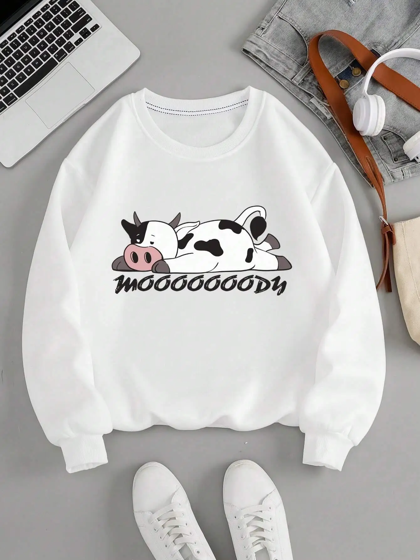 Casual Women Sweatshirts Kawaii Spotted Cow Printing Hoodies Comfortable Fleece Soft Pullover Crewneck Loose Female Tops Clothes