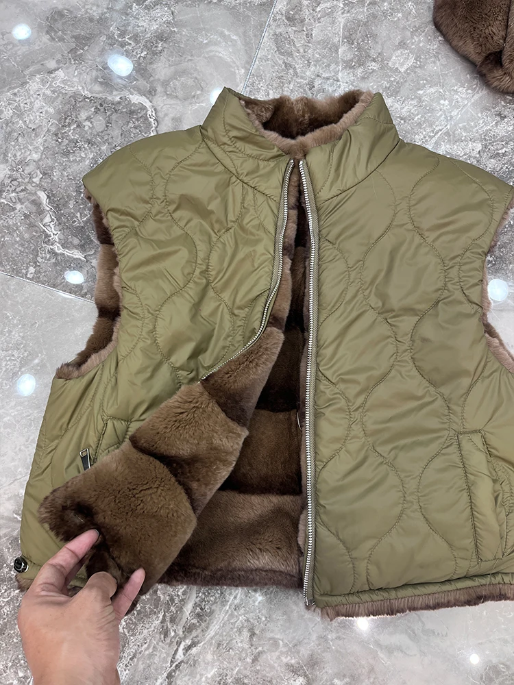 New Autumn Winter Warm Women's Coat Natural Real Rabbit Fur Vest Thick Waistcoat Goose Down Jacket Luxury Female Streetwear