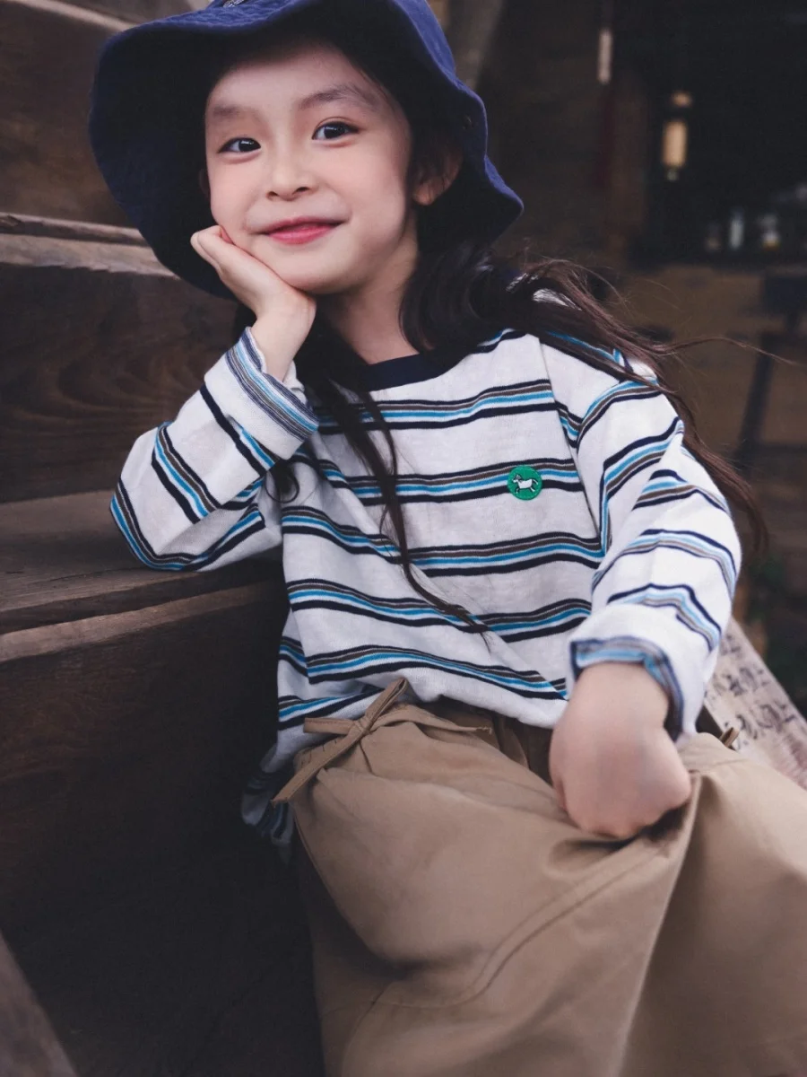 Outdoor Kids Long Sleeve T-Shirt Striped Loose Top for Girls Spring Autumn New Style Camping Wind Cotton Polyester Blend