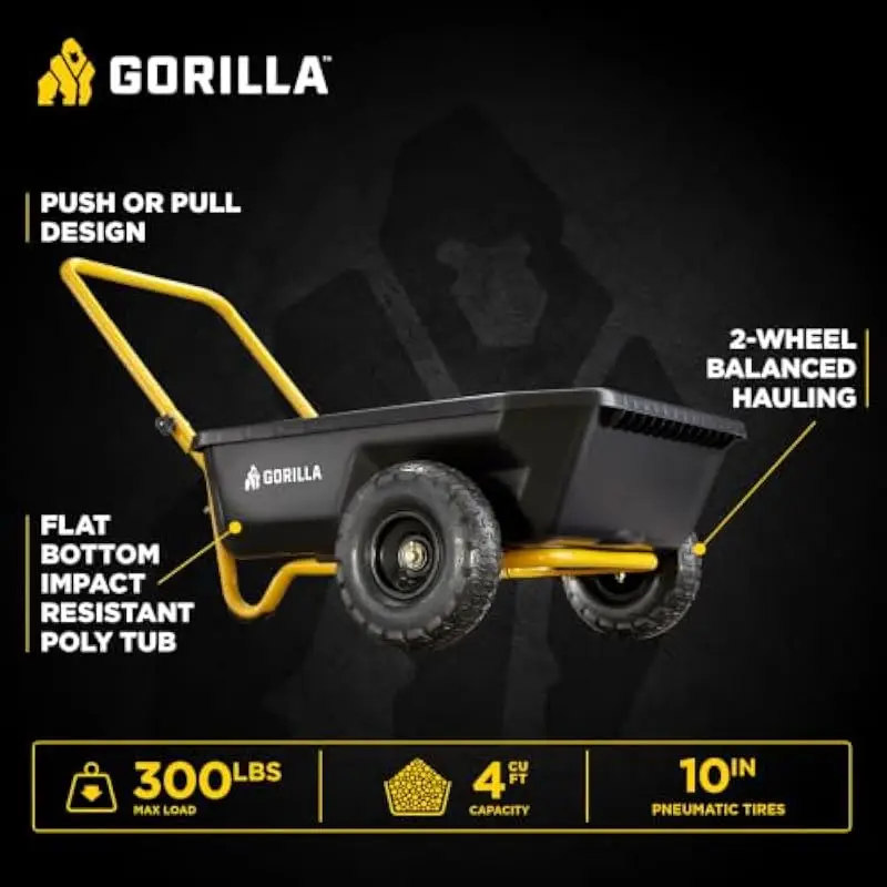 Polyethylene Utility Wagon with 2-Wheel Dump Function • 4 Cubic Feet Capacity • 300-Pound Load Limit • Foldable Handle Design •