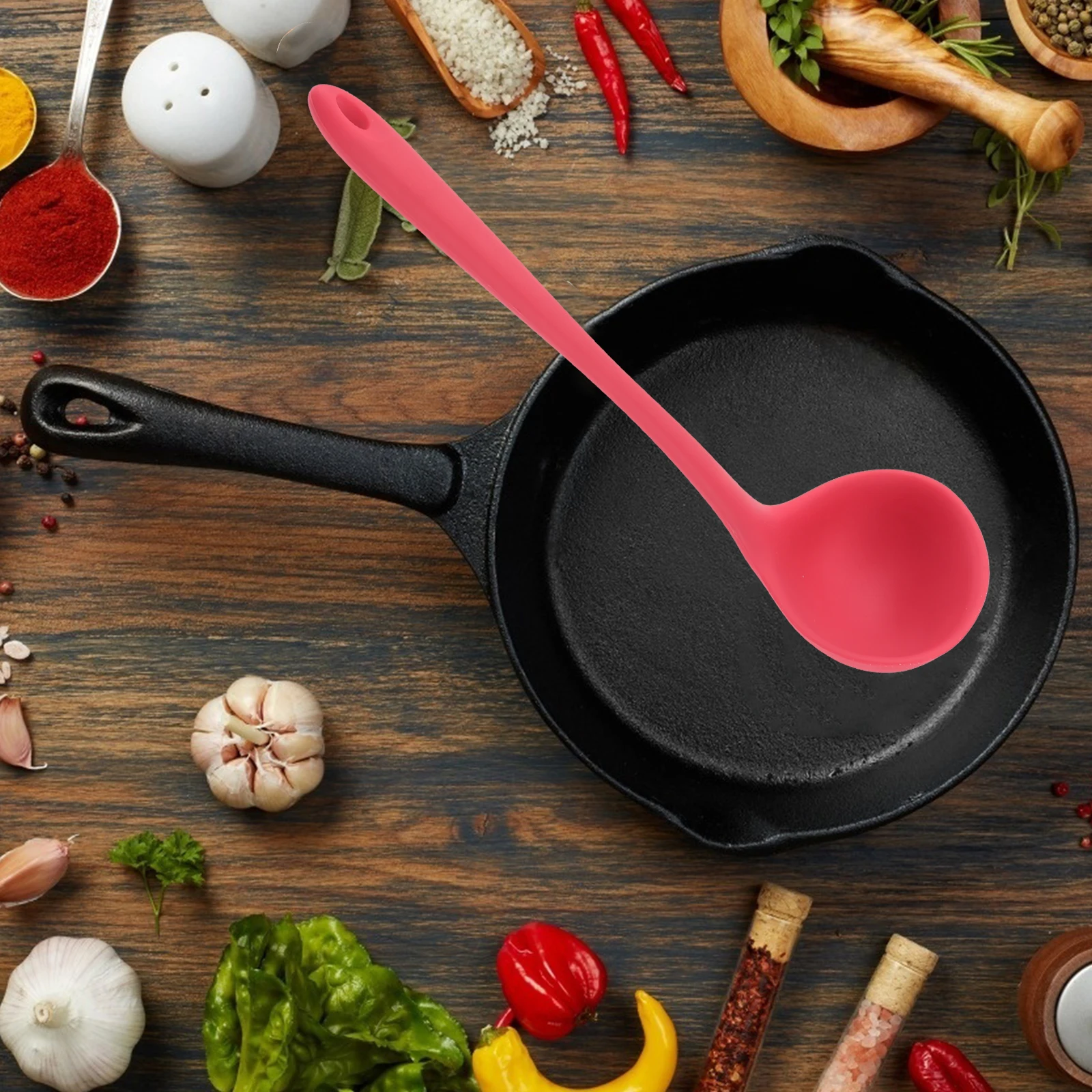 

2 pcs Silicone Soup Spoon Long Handle Non-Stick Hot Pot Spoon Heat Resistant Food Serving Tool For Kitchen Kids Red