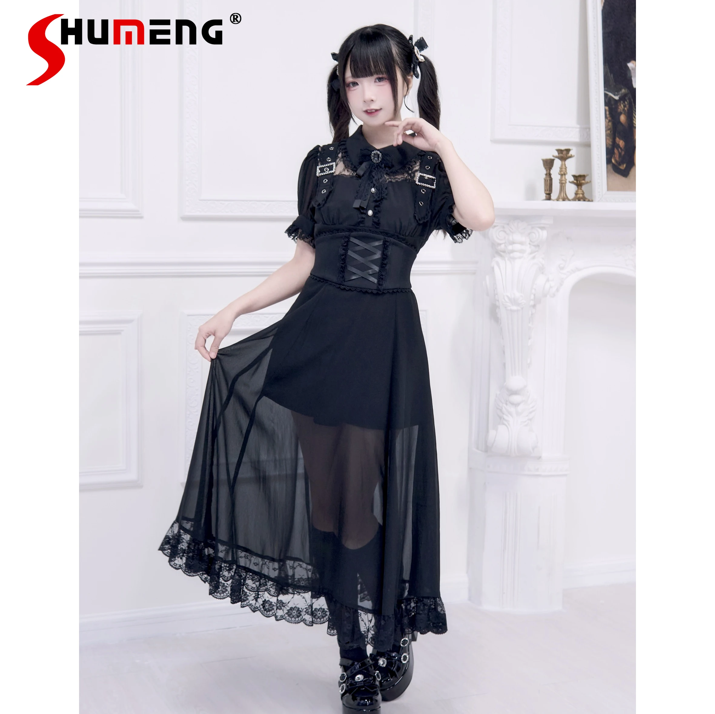 

Japanese Mine Style Mass-produced Subcultural Long Dress Lace Splicing Bubble Sleeve Bow High Waist Seal Slim A-line Dress Women