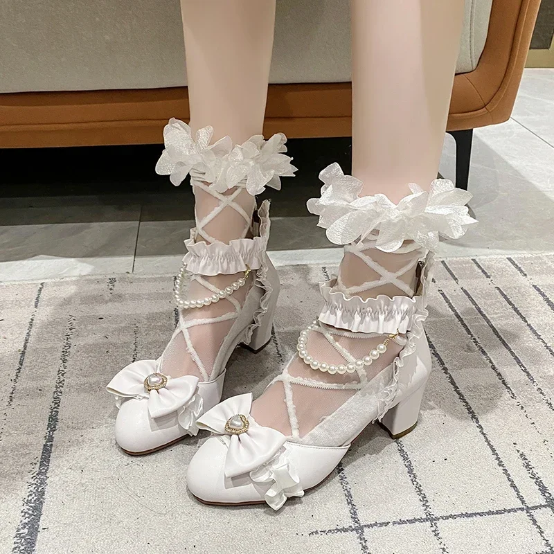 Classic Bow Lolita Shoes Sweet Lace Back Zipper Ankle Wrap Square Heels Female Cosplay Pearls Party Ruffles Princess Pumps 43