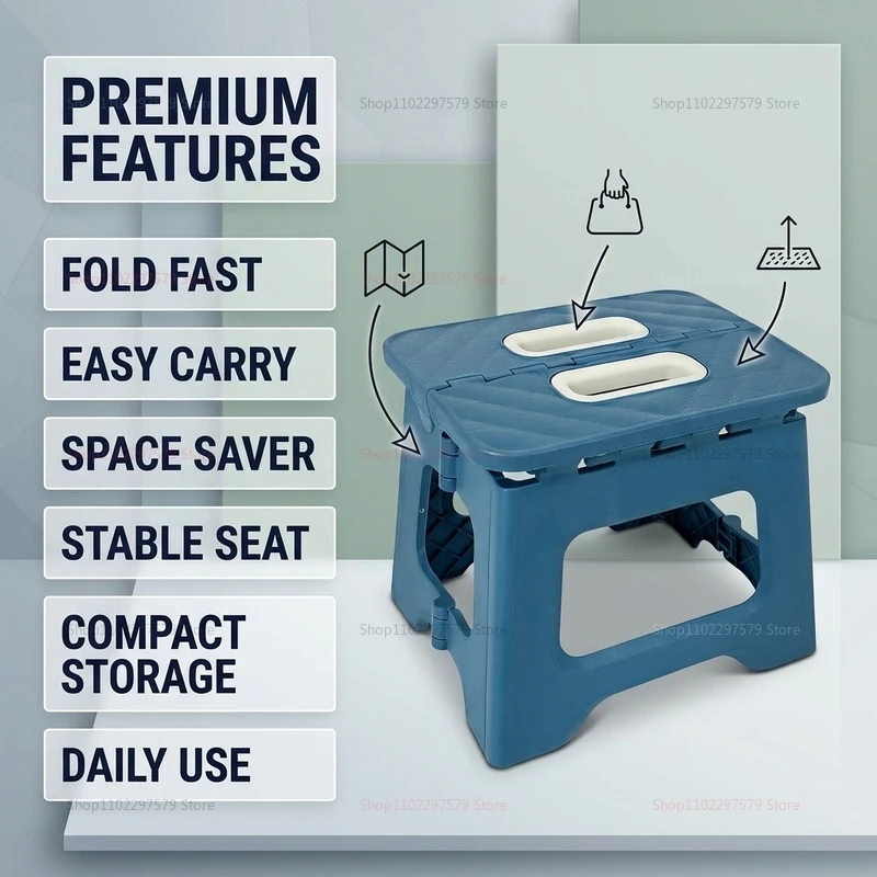 Portable Compact Foldable Stool, Lightweight & Strong, with Handle & Non-Slip, for Kitchen, Bath, Camping, Fishing, Hiking, BBQ