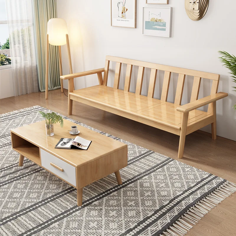 Solid wood sofa living room combination fabric winter and summer small apartment log color furniture