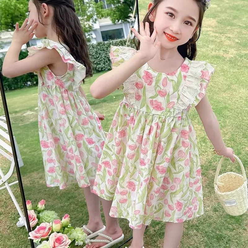 Girls Summer Sleeveless Suspender Dress Summer Party Kids Beach Long Chiffon Dresses Chinese Floral Print Skirt 4 10 11 12 Years