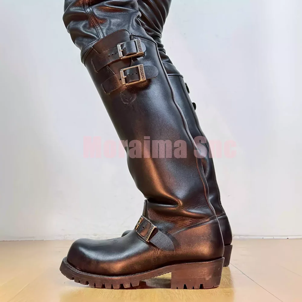 أسود حزام طويل مشبك طويل الرجال الأحذية كتلة صندل بكعب مكتنز الانزلاق على موضة الرجال دراجة نارية الأحذية الخريف الشتاء نمط الشارع 2026 #2