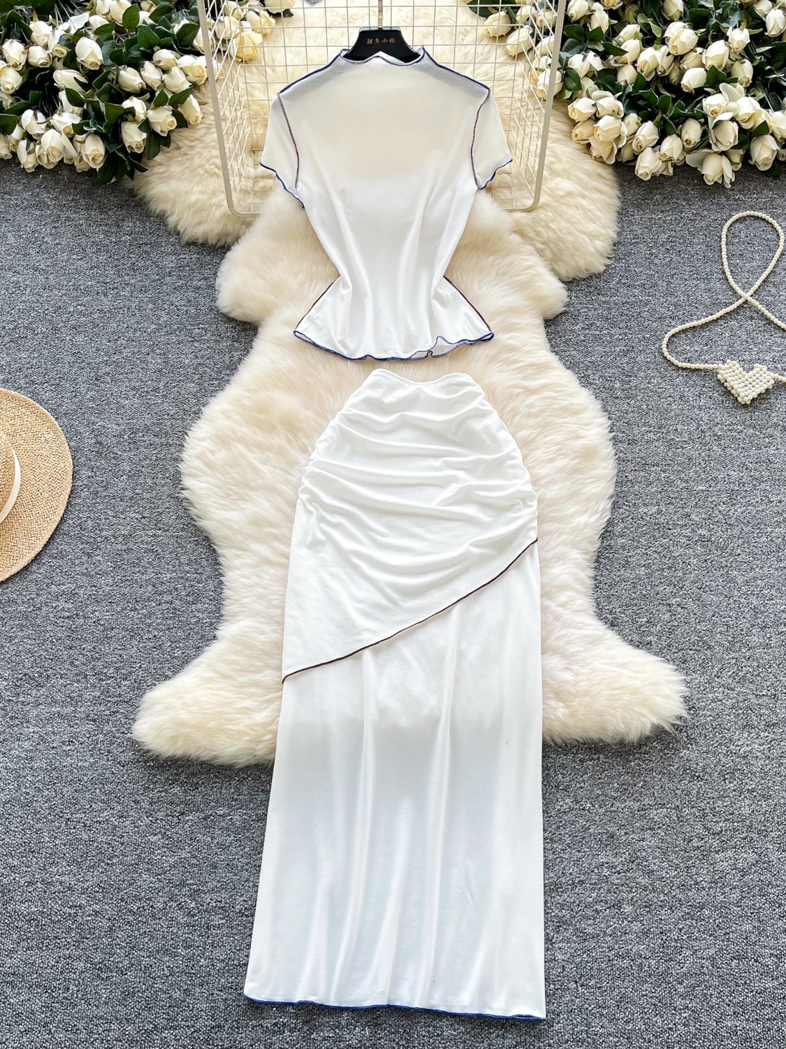 

Foamlina женский комплект из 2 предметов контрастного цвета, воротник-стойка, футболка с короткими рукавами и длинная юбка с высокой талией, костюмы, повседневная уличная одежда