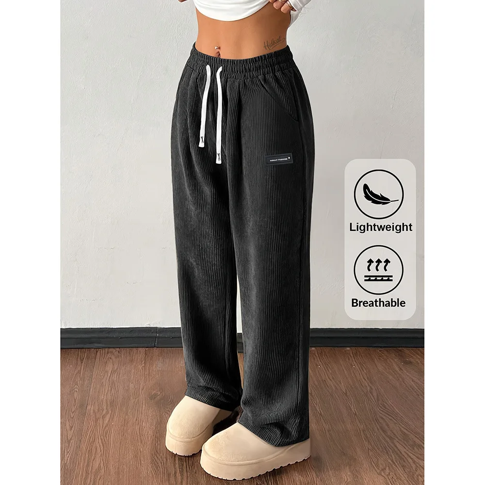 Women Textured Wide Leg Pants Loose Straight Drawstring Elastic High Waist Ribbed Casual Trousers Lightweight Streetwear Pockets
