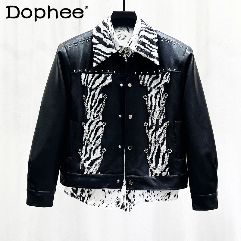 

2024 Autumn Winter Men's Jacket Chain Design Sequined Zebra Pattern Jackets Men's Fashion Trendy Handsome Long-sleeve Short Coat