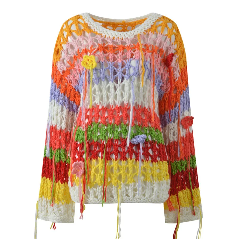 CHUJIE خريف 2025 بلوزة متماسكة مخططة ملونة، بلوزة عصرية فضفاضة ذات هامش من الدانتيل الكروشيه