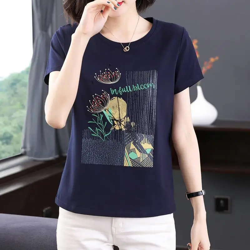 T-shirt z krótkim rękawem z czystej bawełny dla kobiet z haftem Lato 2025 Nowy wszechstronny top
