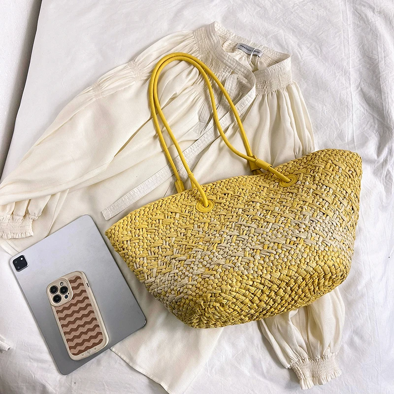 Borsa di paglia intrecciata di colore sfumato di moda per le donne borsa da spiaggia al mare per le vacanze estive borsa a tracolla di grande