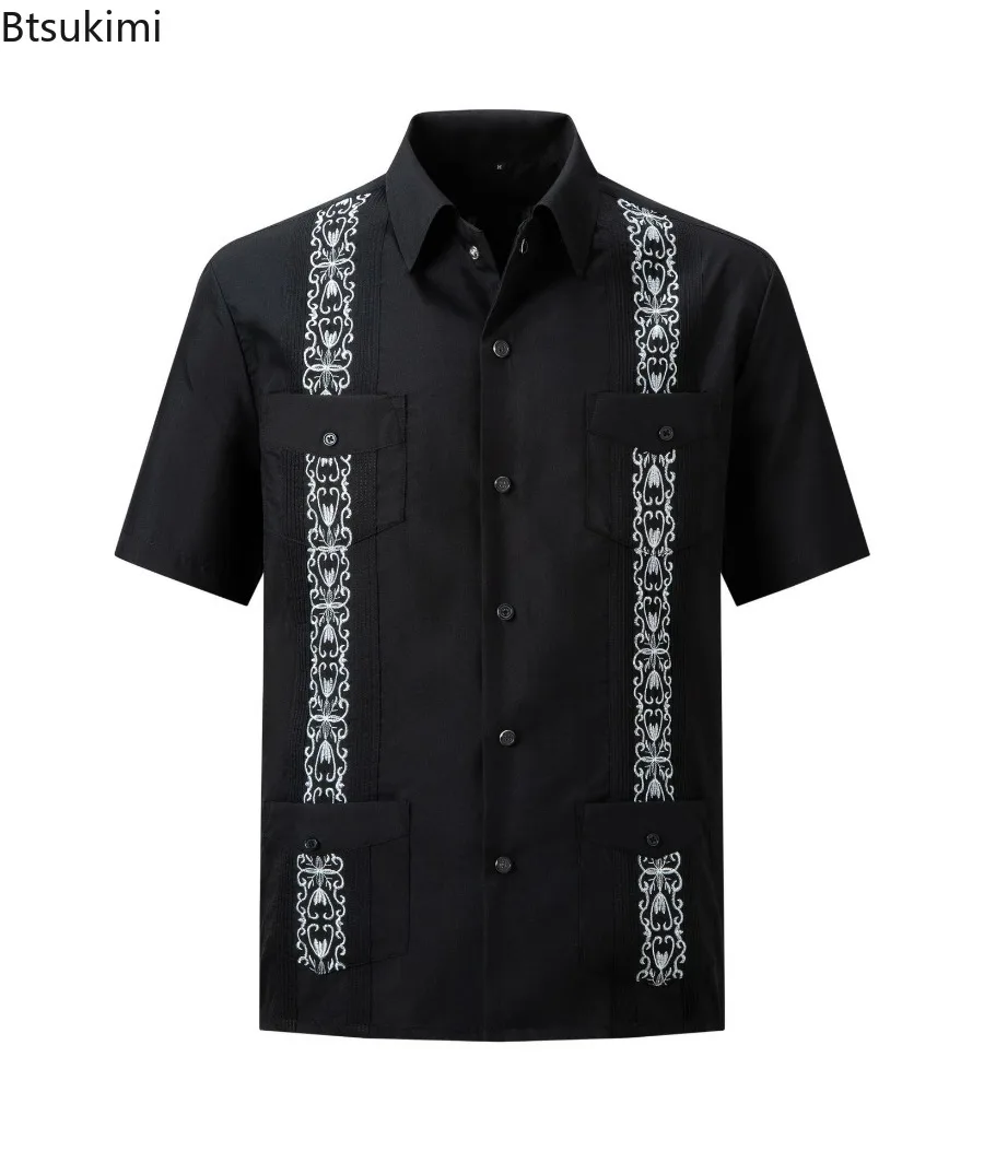 New Men's Summer Casual Short Sleeve Shirts with Zipper Four Pocket Embroidered Beach Holiday Shirts for Men Fashion Cuban Tops