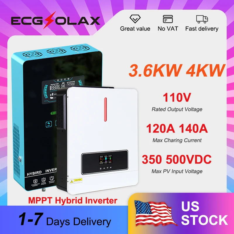 ECGSOLAX 3.6/4KW عاكس شمسي هجين 24 فولت 110/120 فولت عاكس جيبي نقي مع وحدة تحكم الشحن بالطاقة الشمسية MPPT عاكس خارج الشبكة واي فاي #1