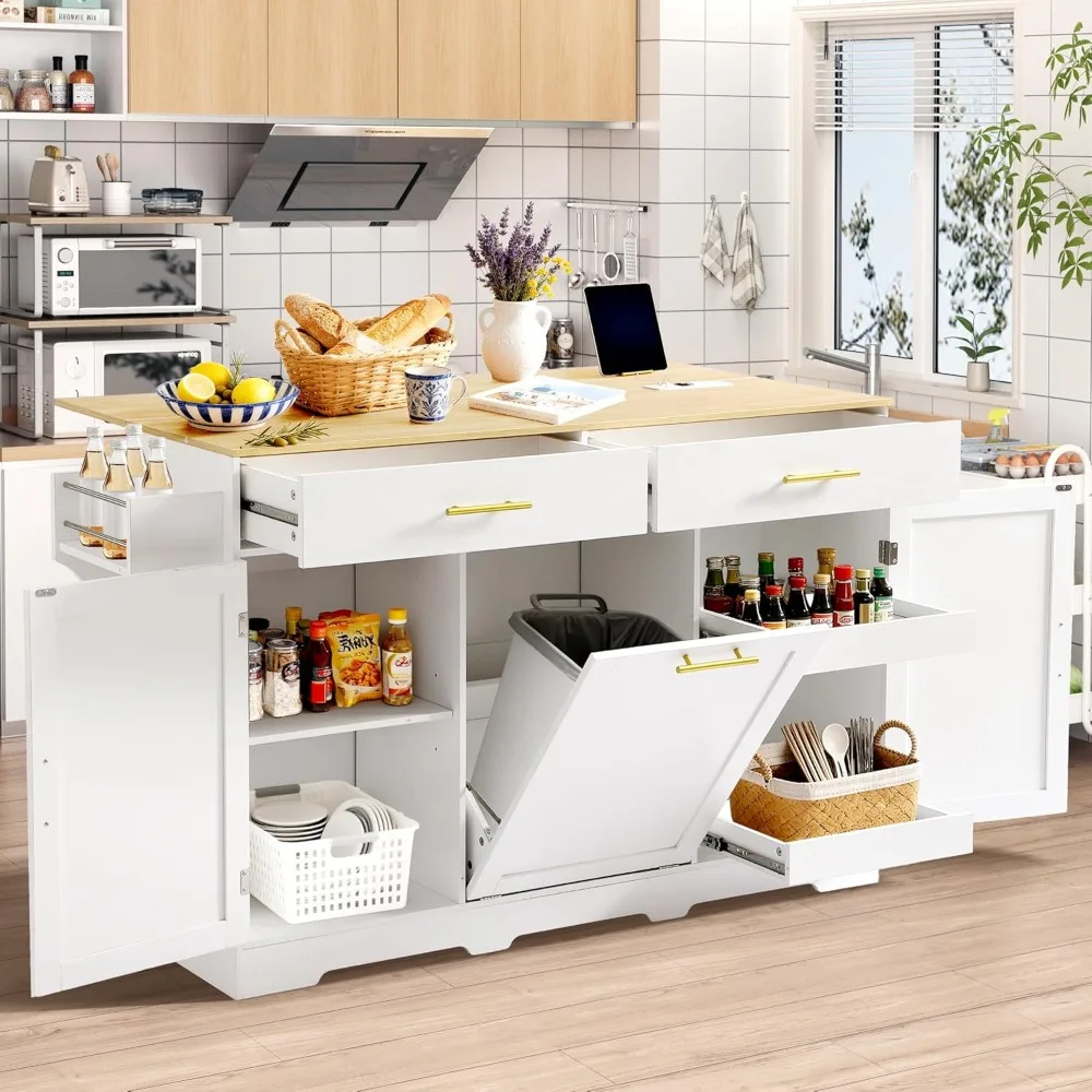 

60" Kitchen Island with Power Outlet & Drop Leaf, Rolling Kitchen Island Table Cart W/Trash Can Storage Cabinet, Customized