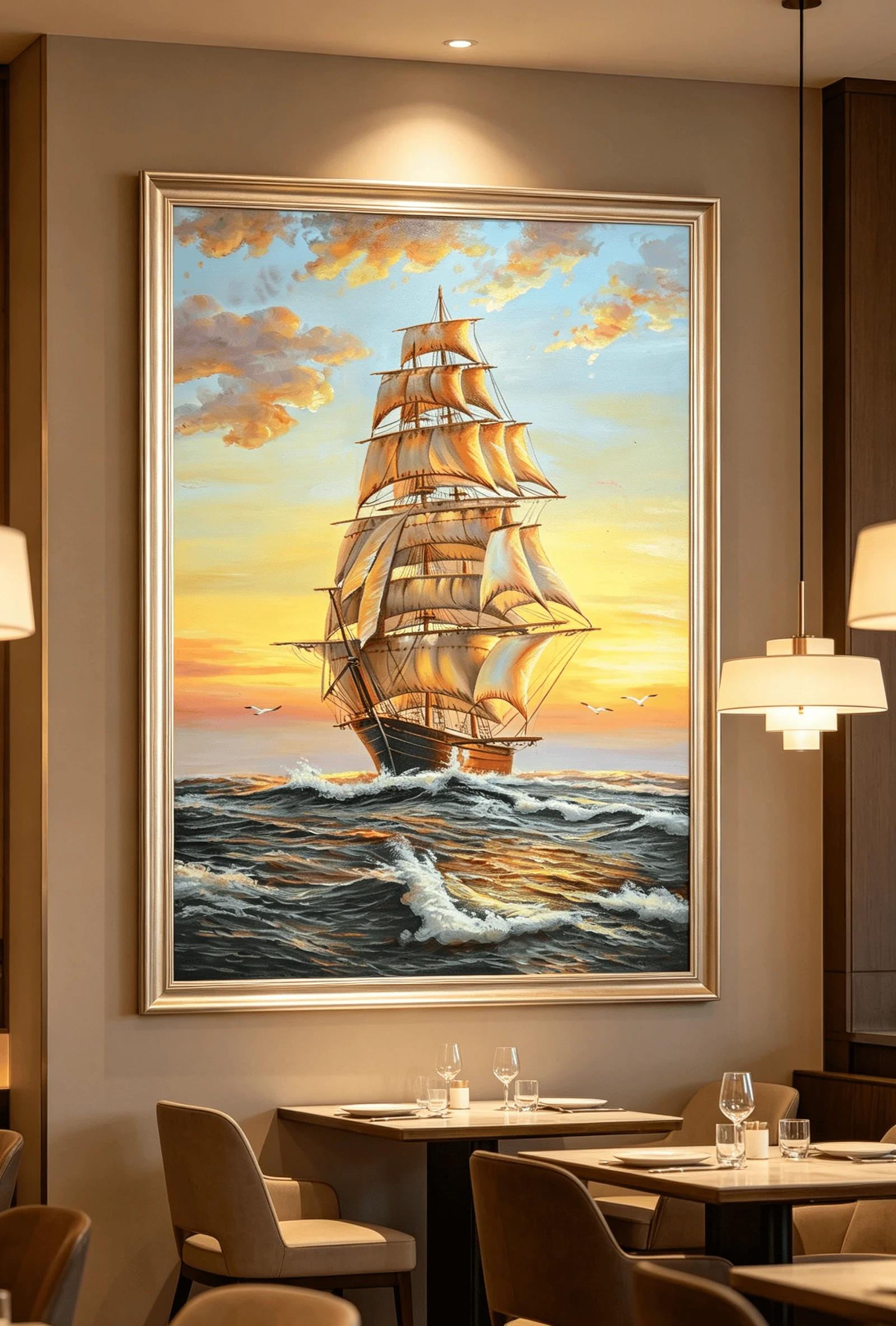Vintage Sailboat Sunset Seascape Nautical Art Print Unframed Canvas Decor for Living Dining Stair Folder Wall Art