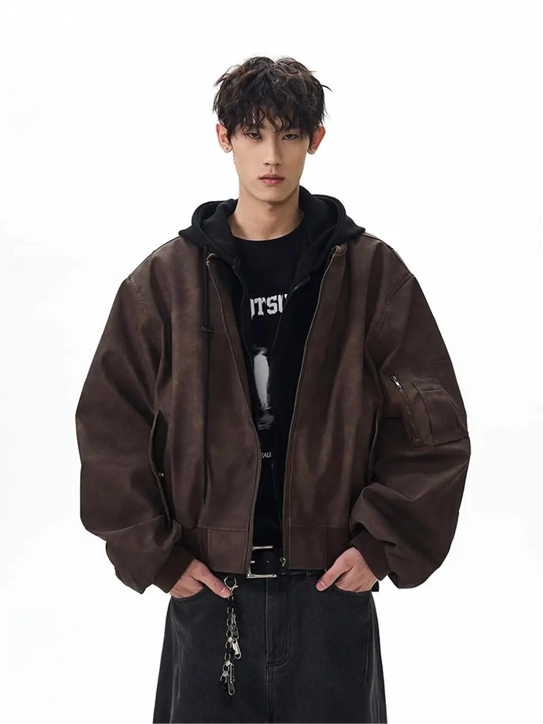 

Ретро-куртка в американском стиле свободного кроя с капюшоном для мужчин и женщин, весенне-осеннее повседневное модное кожаное пальто