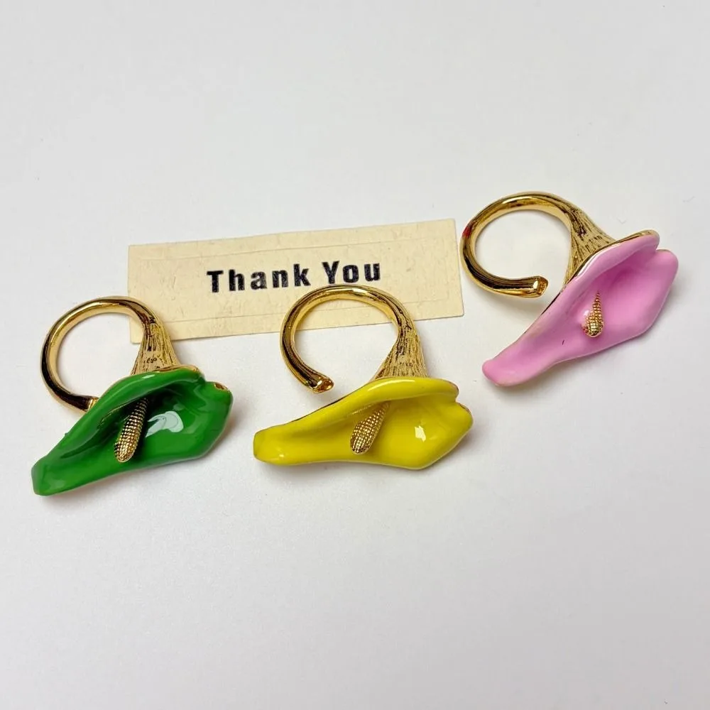 Fashion Adjustable Enamel Calla Flower Ring Metal Opening Geometric Open Ring Colorful Delicate Vintage Ring Jewelry Accessories