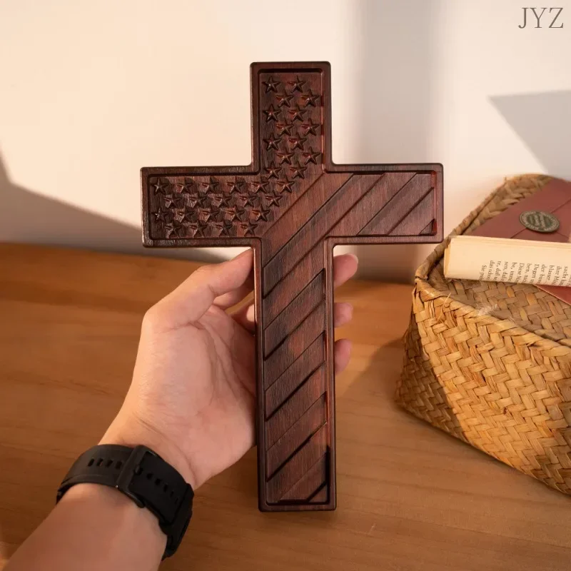 

Wooden Cross American Flag Hanging Cross for Home and Office, Wall Art Decor Soldier Patriot Engraved Gift