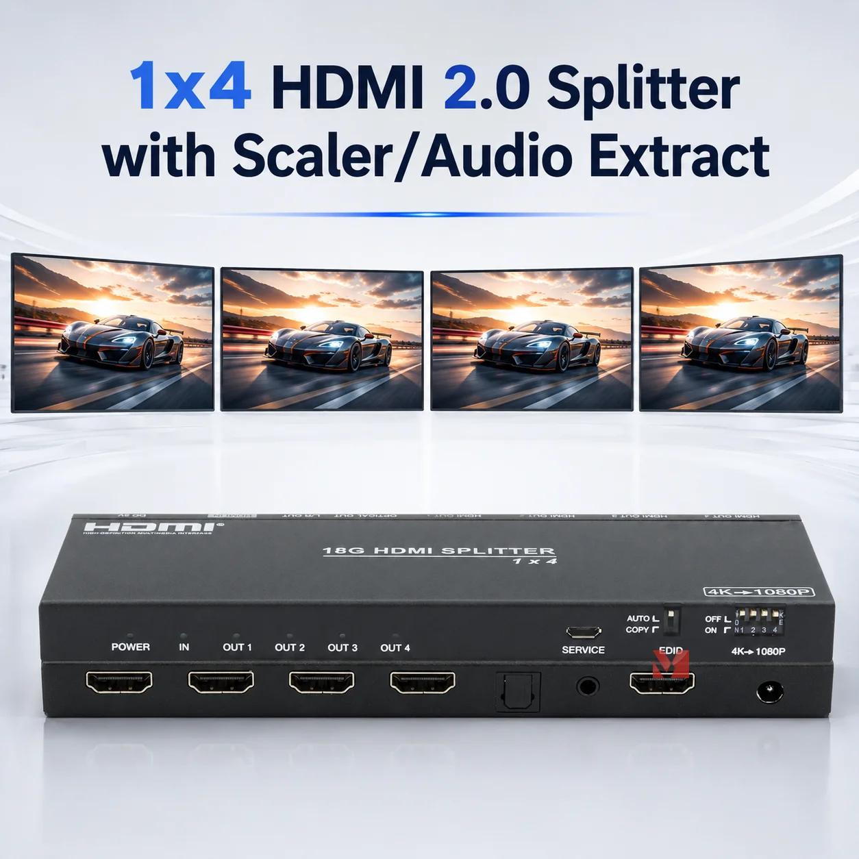 1x4 HDMI 2.0 Splitter 1 In 4 Out 4K60Hz HDMI Distributor with Audio Extract Scaler EDID HDCP Video Splitter