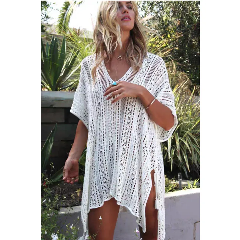 Knit Hollow Out Dress Without Bikini, Long Sleeves Round Neck See Through Crochet Cover Up Dress, Women\'s Swimwear & Clothing