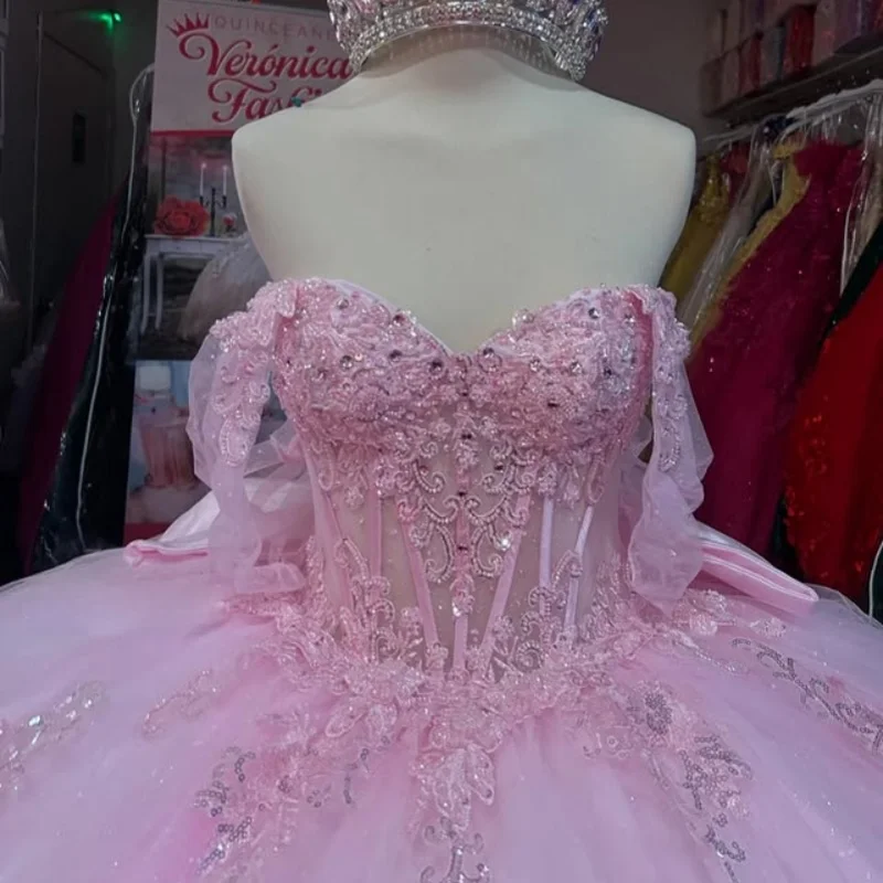 

Customized Shiny Pink Quinceanera Dresses Off the Shoulder crystal sequin applique Long tail Bow Vestido 15 Quinceanera
