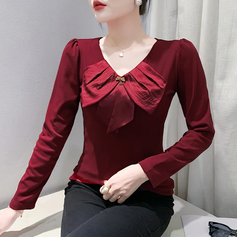 Korean Version Cotton 3D-demension Elegant Female Autumn Winter Woman Pullover HotSweet T-shirt Bow Splicing Puff Sleeve V-neck