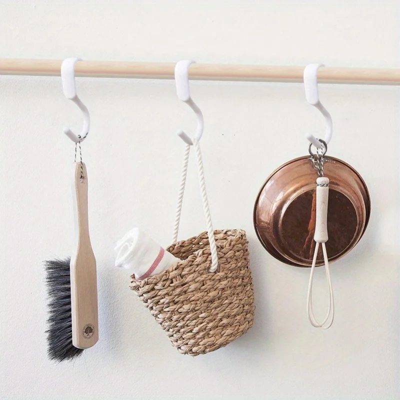 

10pcs White Movable Clip Hook Non Punching Kitchen Hanging Cabinet Multifunctional Bathroom Floor Cabinet Storage Rack