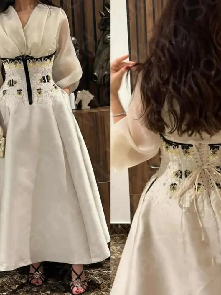 Customized Vintage Cream Prom Gowns 2025 Arabic Evening Dresses Beading Middle East V Neckline Wedding Party Gowns Lace Up Back