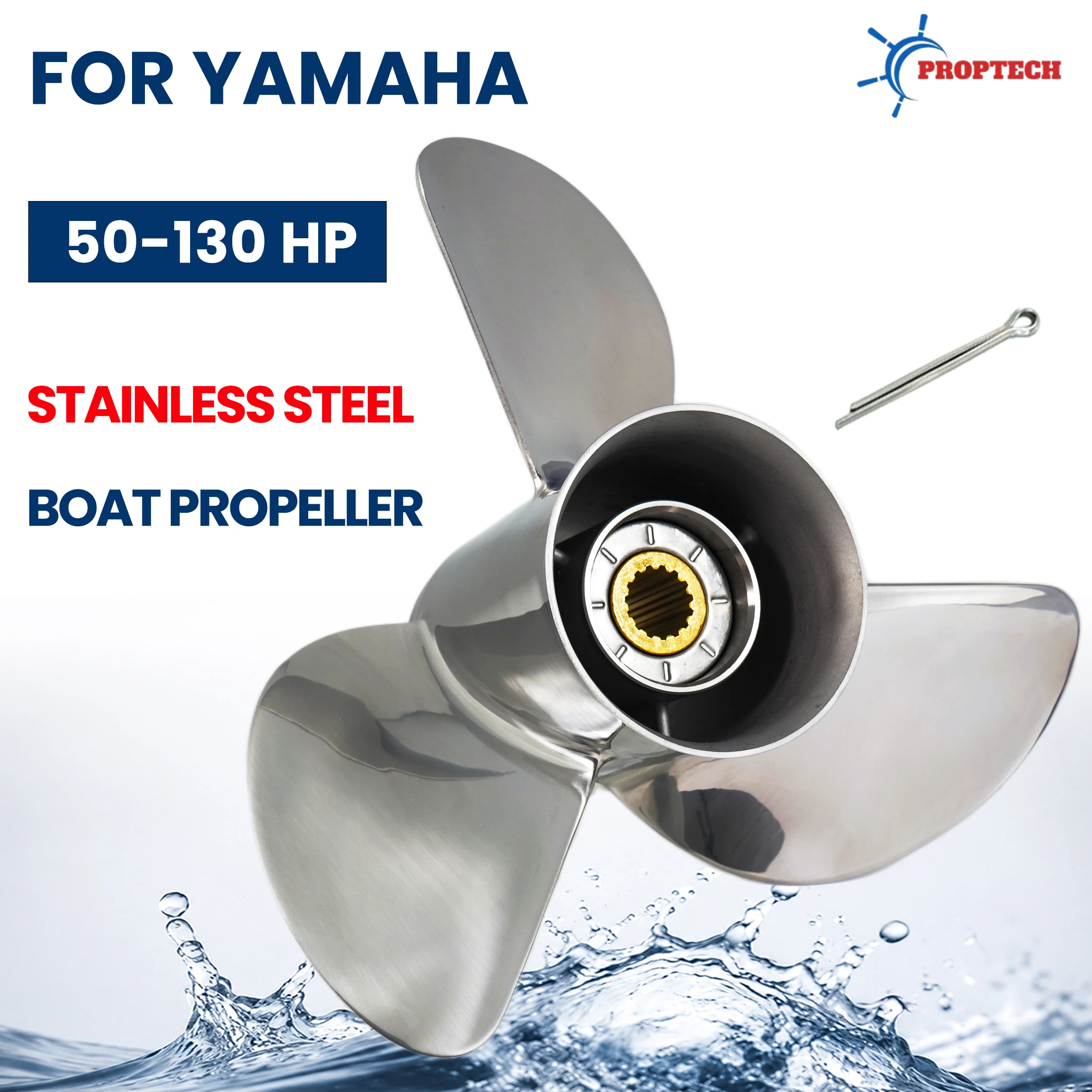 Proptech Stainless Steel Propeller for Yamaha 50-130HP 13 1/2X14-K 13 1/2X15-K 13X17-K 13X19-K 15 Spline Tooth Boat Accessories