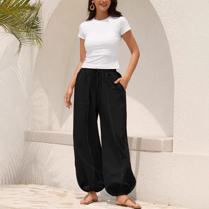 

Осень 202, женские эластичные брюки с высокой талией и карманами, модные повседневные однотонные брюки на шнурке