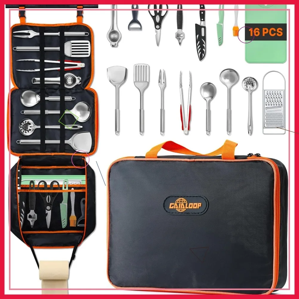 

16-Piece Portable Camping Cookware Set with Storage Bag - Stainless Steel Utensils for Outdoor Cooking, RV & BBQ
