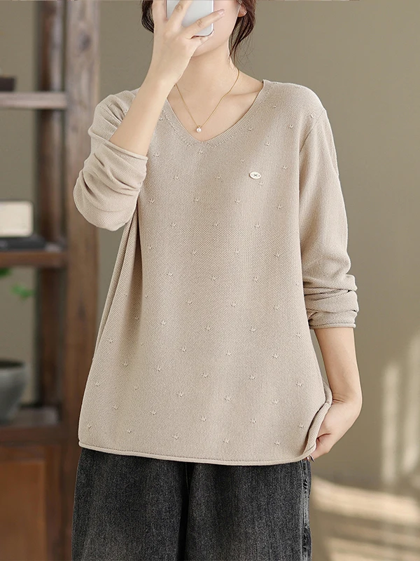 الخريف بسيط كبير الحجم المرأة فضفاض V-Ne محبوك سترة لون نقي التطريز Thiened قاعدة طبقة ملابس خارجية التخسيس #3