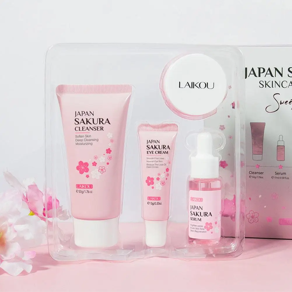 Japan Blossom-Ensemble de soins du visage, essence nettoyante, crème pour les yeux, crème pour le visage, coffret de soins de la peau, coffret cadeau, jour du Léon, 4 pièces