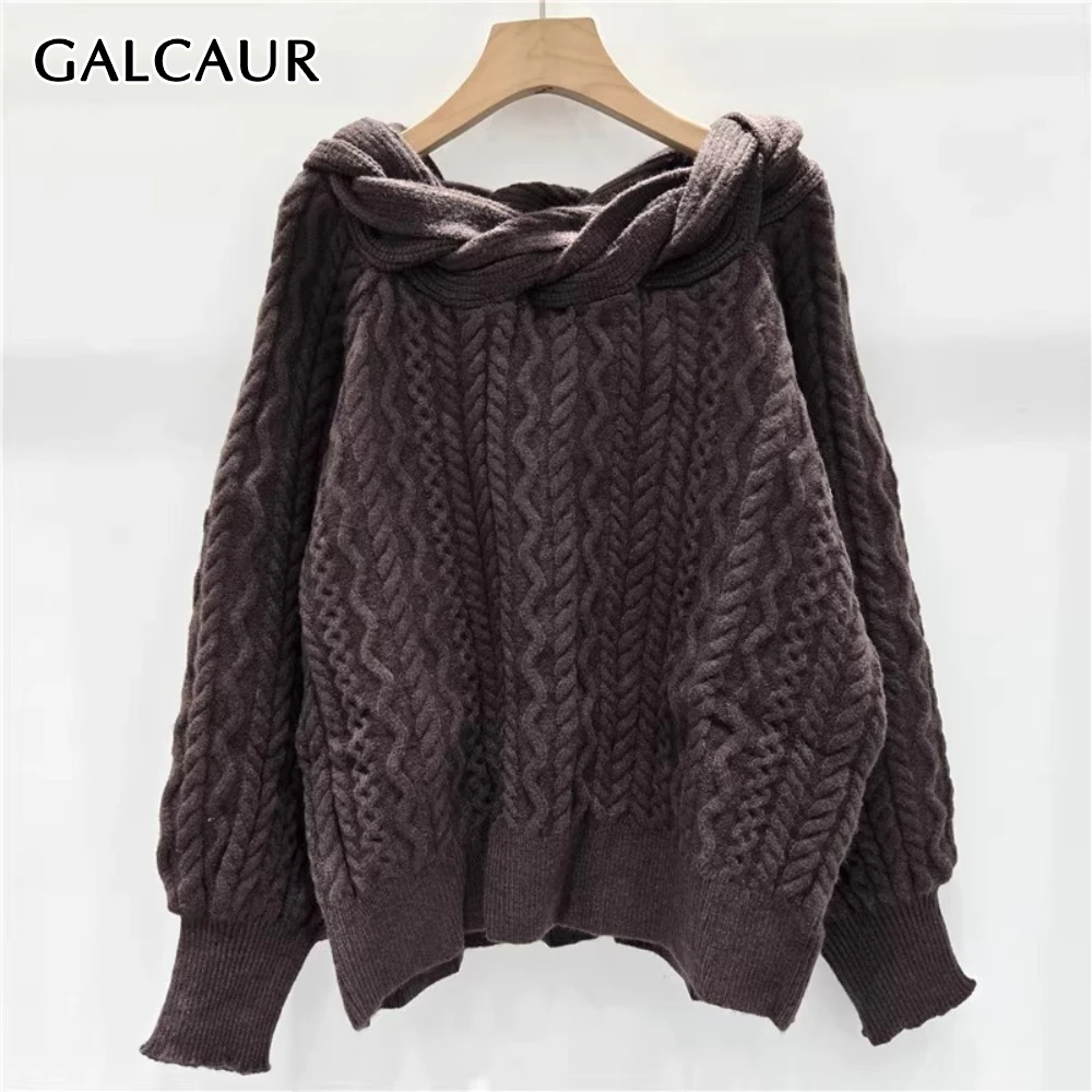 

GALCAUR Solid Spliced Bandage Sweater Female Slash Neck Long Sleeve Loose Gentle Korean Women's Sweaters Fashion Autumn Style