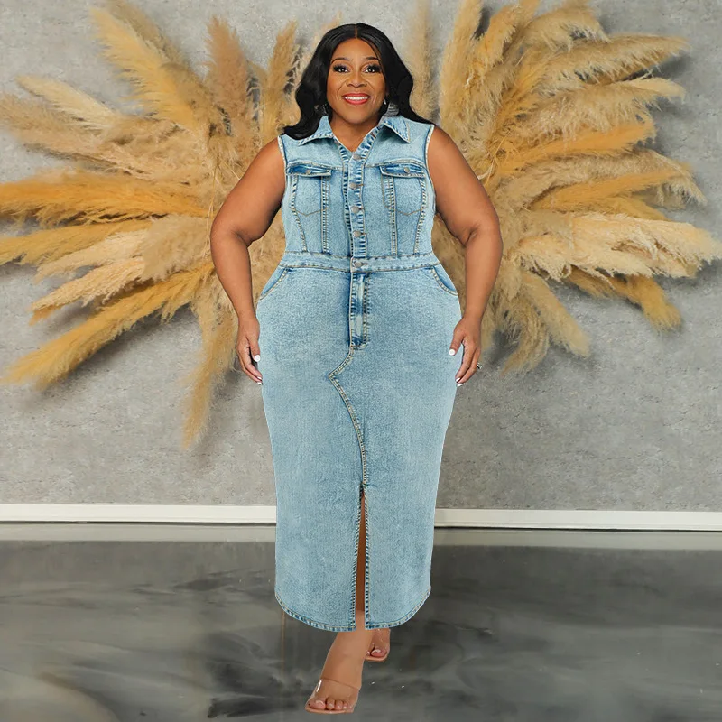 Plus Size Denim Casual Women Dress with Pockets Summer Sleeveless Split Jean Vestidos Fashion Outdoor Robes Oversized Dresses