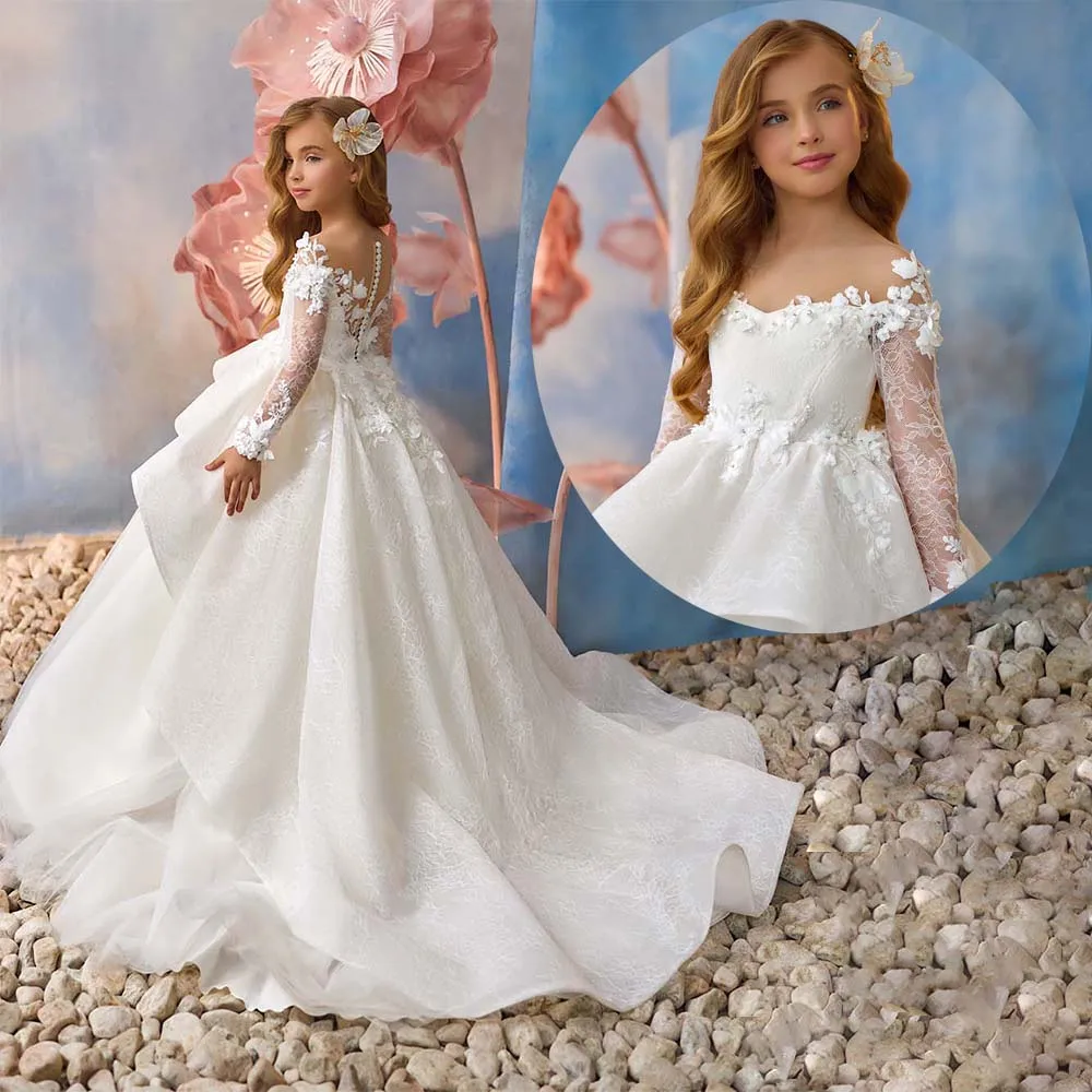Customized Flower Girl Dress for Wedding Kids Full Sleeve Ruffles Holy Communion Pageant Dress Beaded Lace Birthday Party Gown
