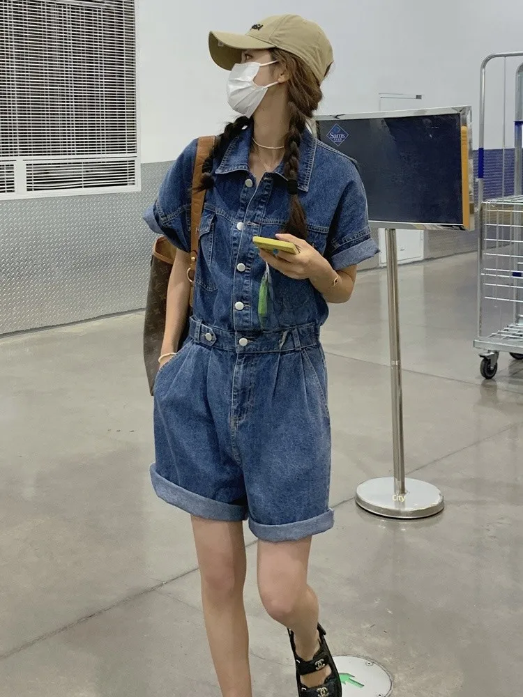 Tuta di jeans a vita alta Set di ort dimagranti da donna Abbigliamento da lavoro Abito estivo casual Miscela di cotone e poliestere di colore profondo