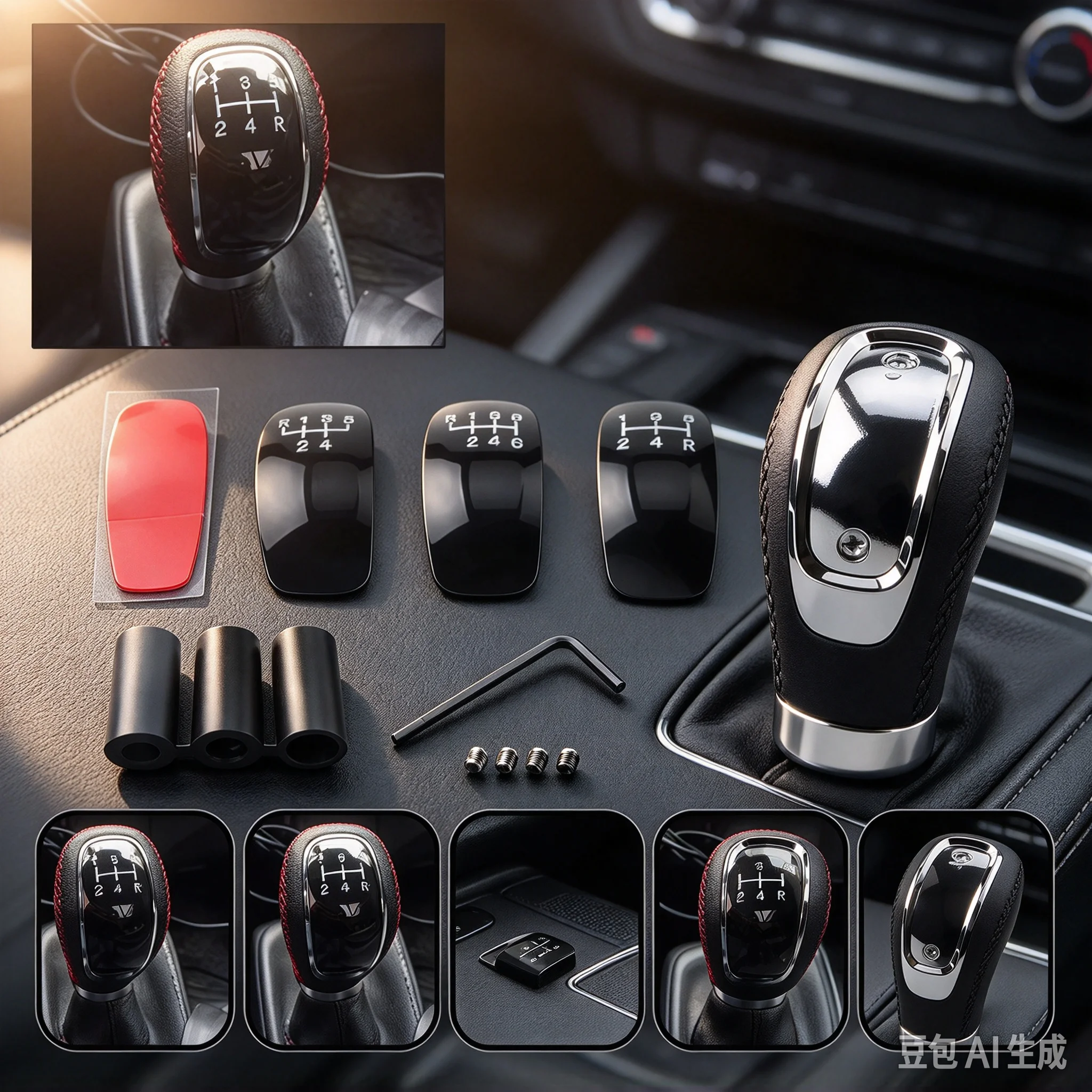Universal 5 6 Speed Car New Leather Red Stitch Knob Manual Shifter Car Gear Shift Knob Lever
