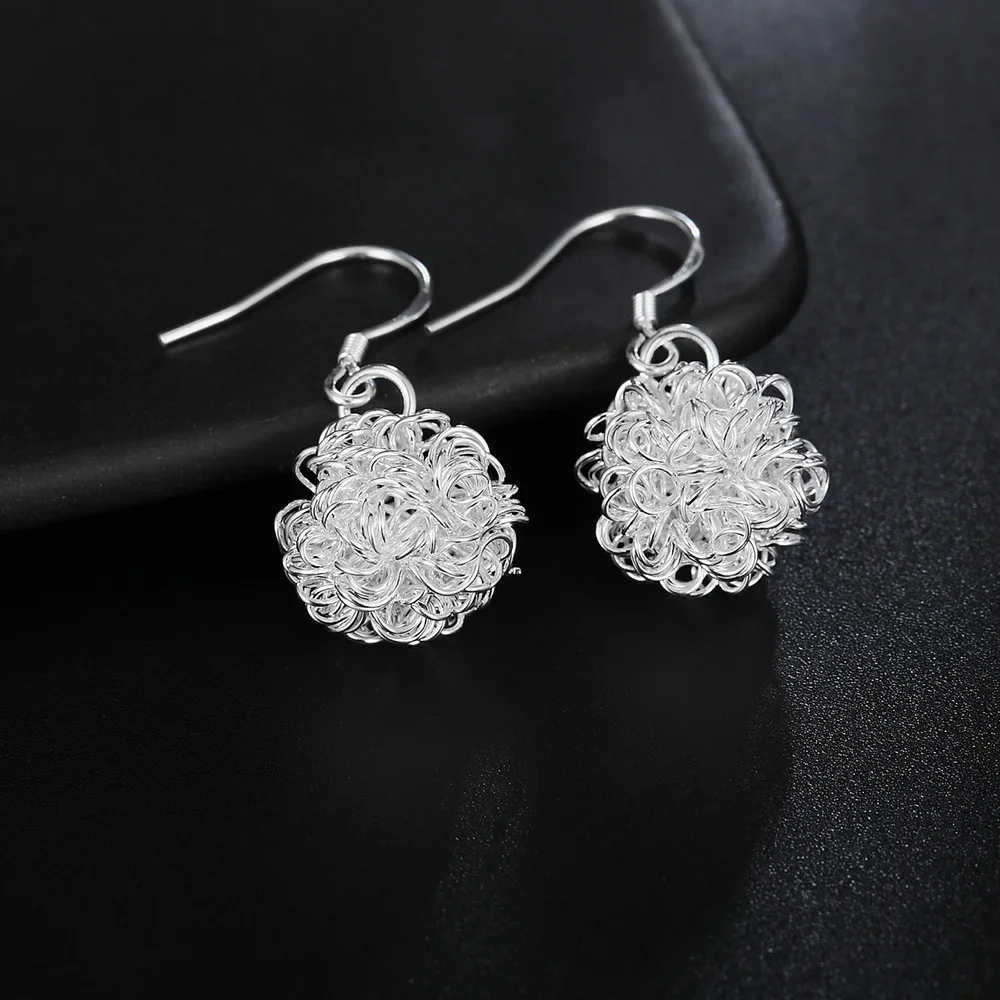 New 925 Sterling Silver Earrings Fashion Temperament Women Beautiful Ball Net  Gifts Street All-Match Jewelry