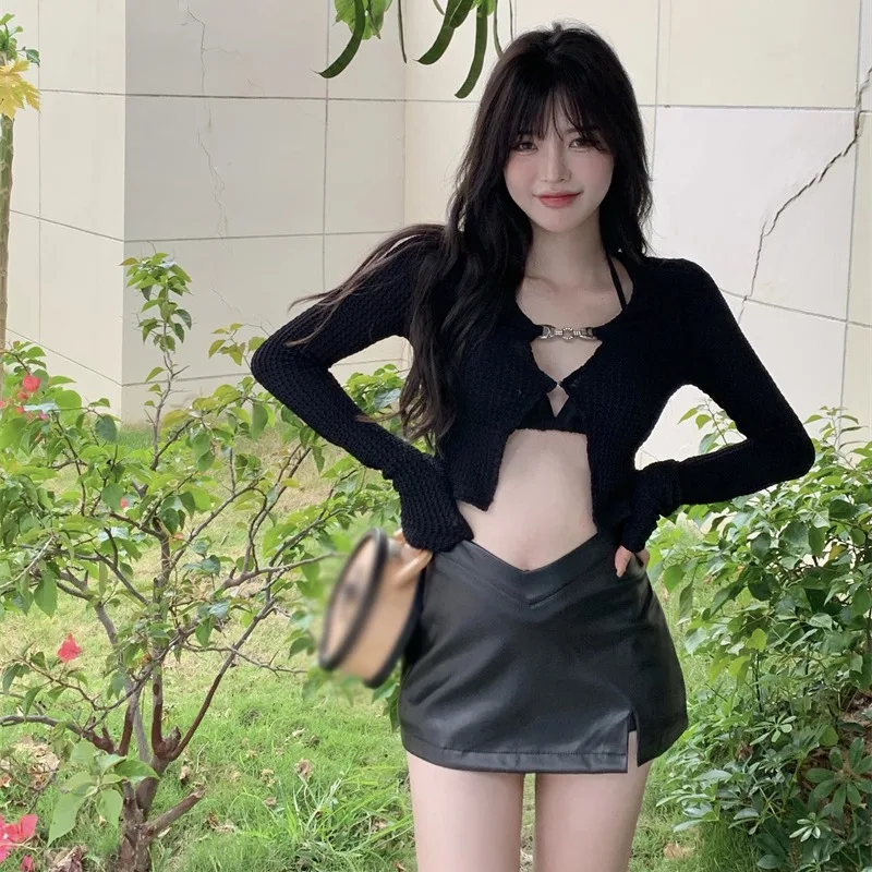 

Women's High Waist Nightclub Sexy Leather Skirt Ladies Retro Slimming Split Slim Mini Skirts Punk Style Harajuku Y2k Streetwear