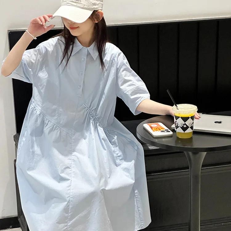 

ZOETOP 2024 Summer Children Girl One-piece Dress Teenager Girl Sweet Shirt Collar Dress School Girl Drawstring Straight Dress