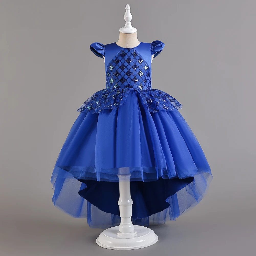 Blue girl sequin long sleeved evening dress from 3 to 12 years suitable for birthday parties, princess trailing dress