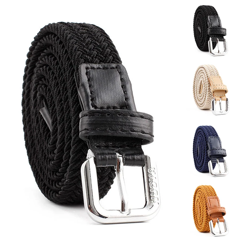 

Unisex Casual Woven Belt Child Elastic Belts Men Canvas Elastic Belt Knitted Thin Waist Belts Jeans Alloy Pin Buckle Waistband