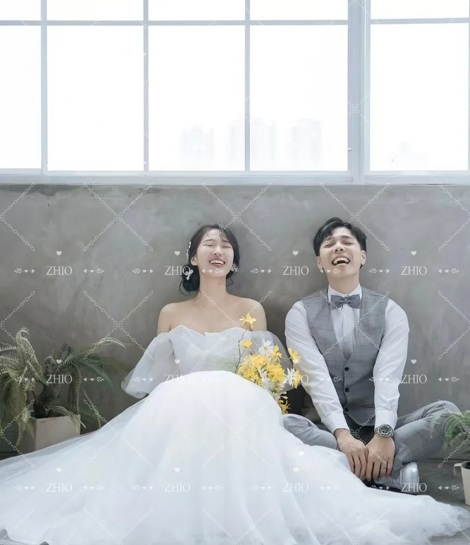 ZHIO Fairy White Tulle Wedding Party Dress Sweetheart Off Shoulder Bow A-Line Korea Photo Shoot Bridal Reception Gown Customized