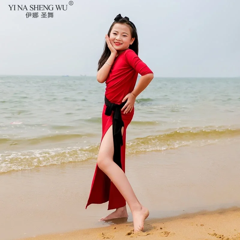 أطفال فتاة ملابس رقص البطن رداء + وشاح + حزام + سراويل داخلية 4 قطعة مجموعة الرقص الشرقي فستان طويل المنافسة دعوى أداء ارتداء #2